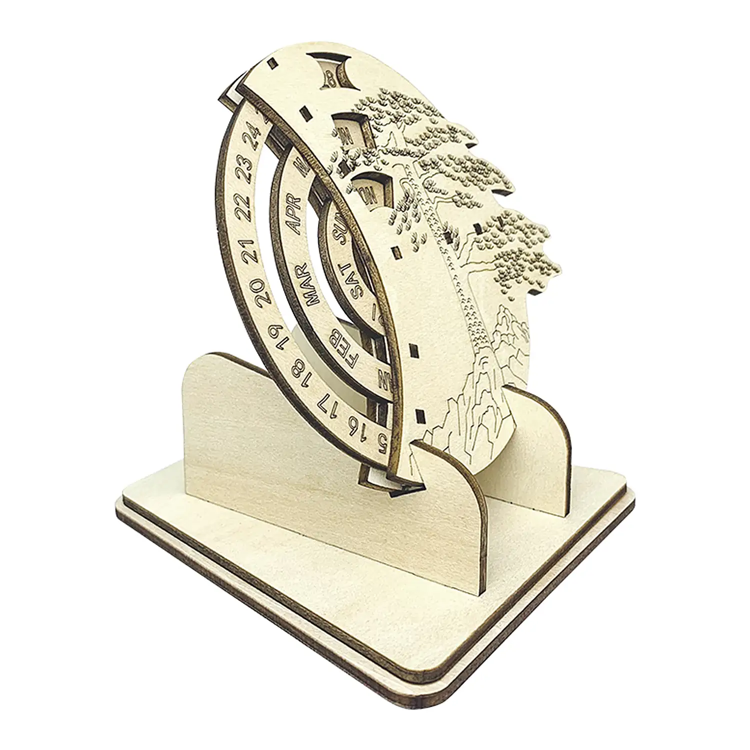Maqueta de Madera 3D, con movimiento mecánico diseño de Calendario con soporte.