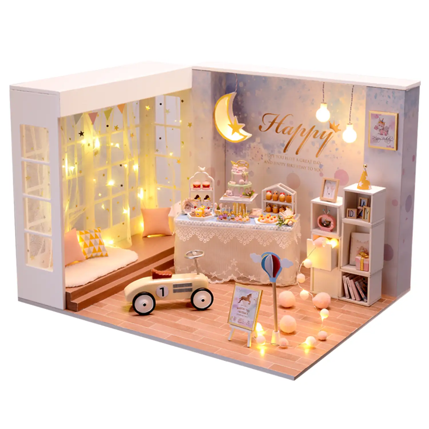 Habitación Fiesta de cumpleaños. Maqueta 3D realista con gran detalle y luces led.
