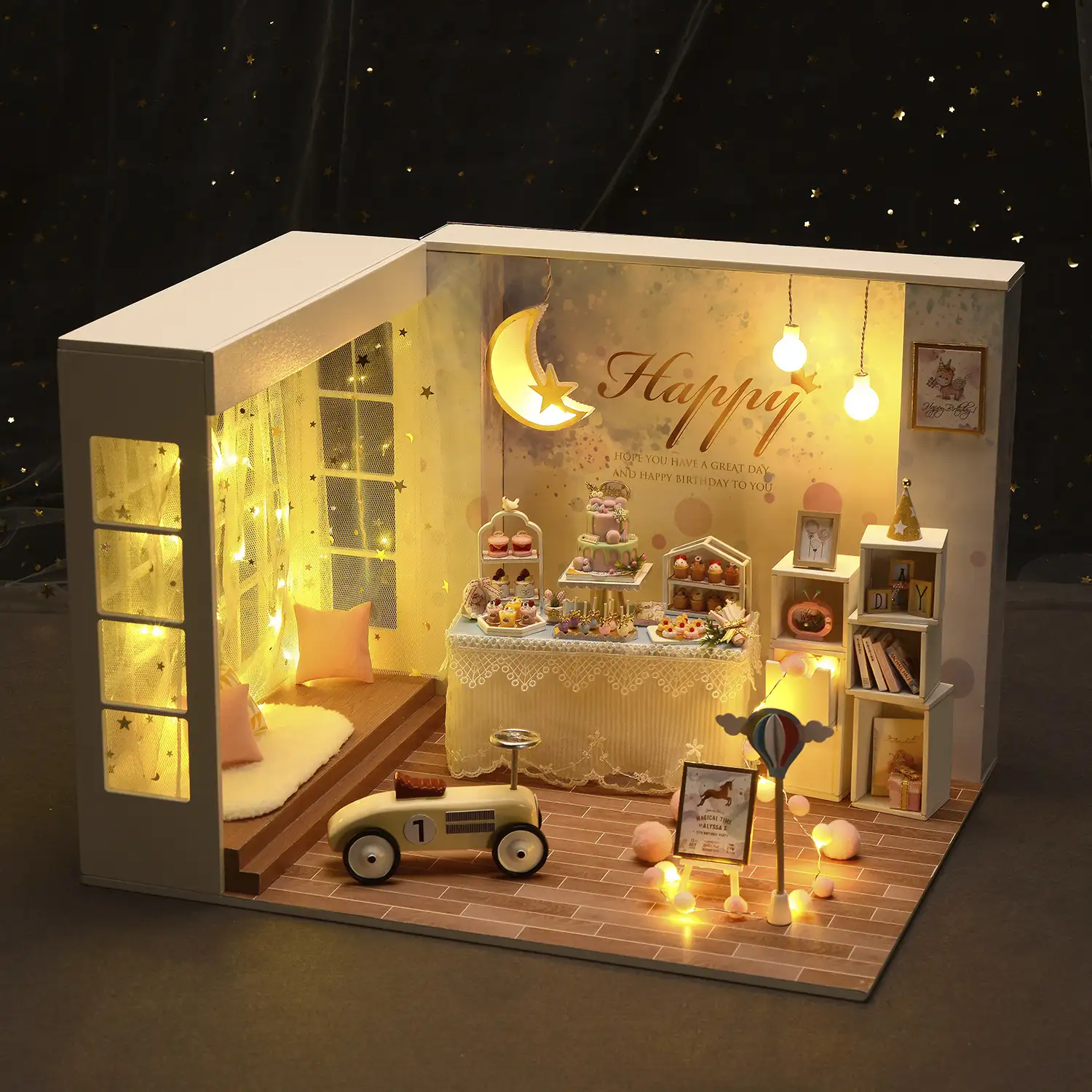 Habitación Fiesta de cumpleaños. Maqueta 3D realista con gran detalle y luces led.