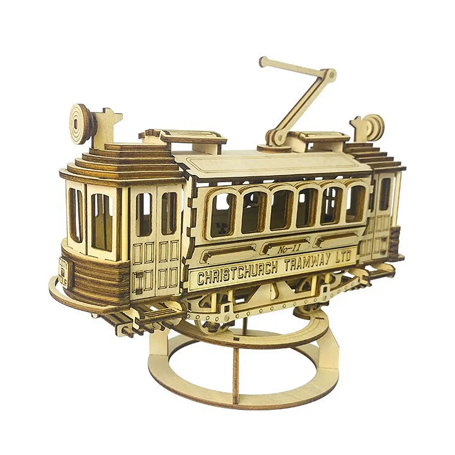 Maqueta de Madera 3D, con movimiento mecánico diseño de Tranvía Antiguo. 179 piezas.