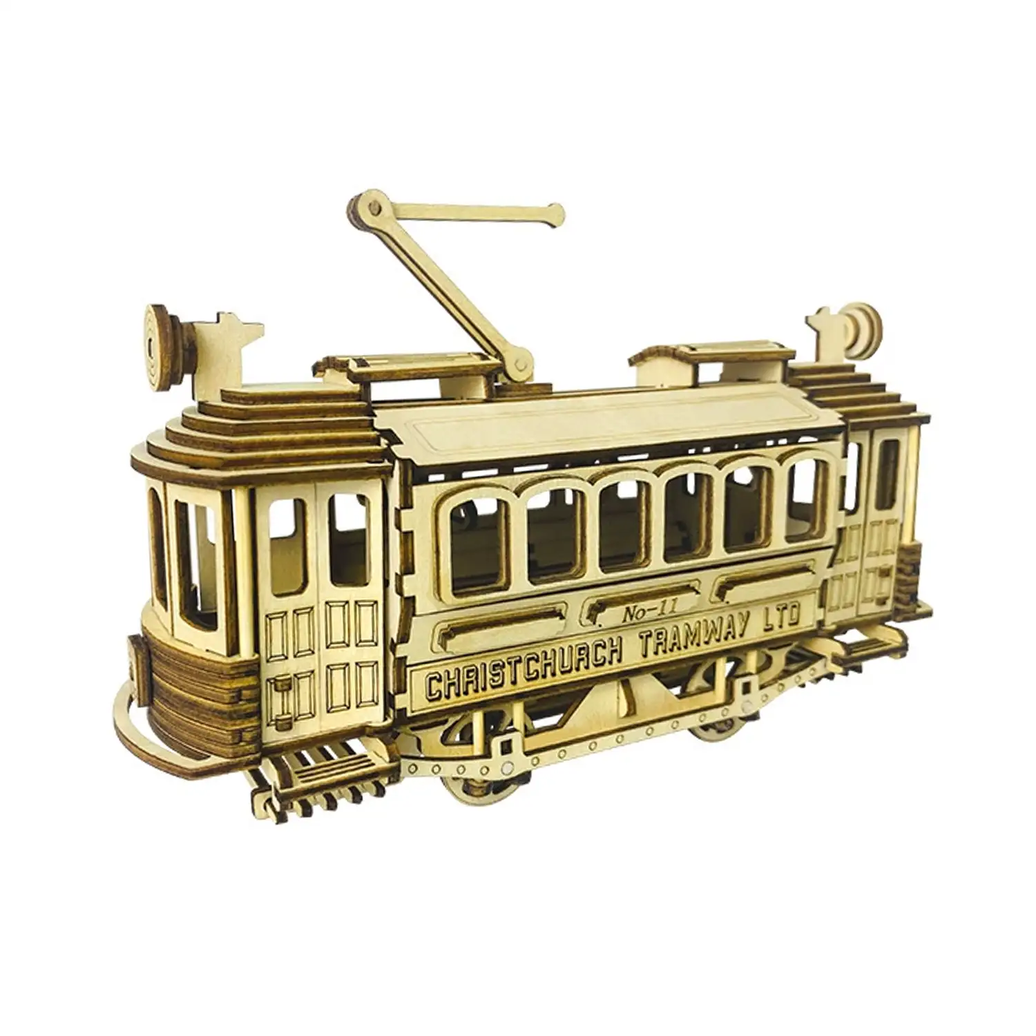 Maqueta de Madera 3D, con movimiento mecánico diseño de Tranvía Antiguo. 179 piezas.