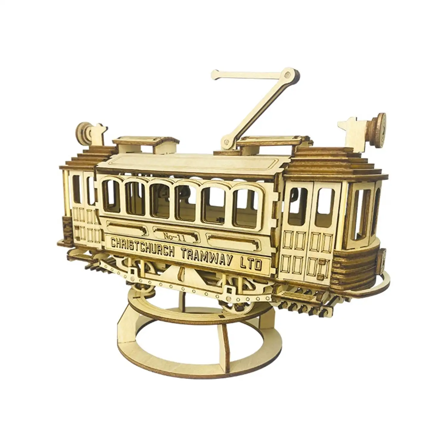 Maqueta de Madera 3D, con movimiento mecánico diseño de Tranvía Antiguo. 179 piezas.