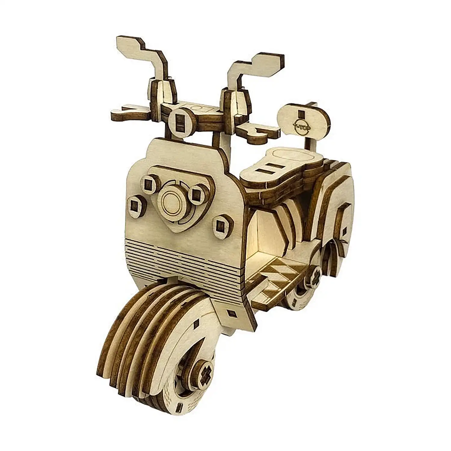 Maqueta de Madera 3D, con movimiento mecánico diseño de Motocicleta Antigua. 69 piezas.
