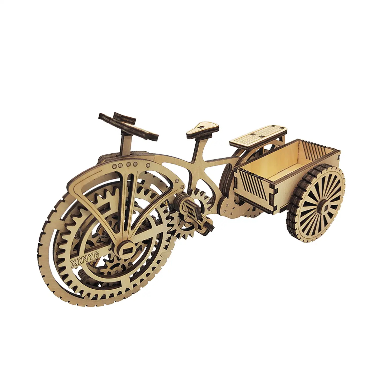 Maqueta de Madera 3D, con movimiento mecánico diseño de Tarjetero Triciclo. 72 piezas.