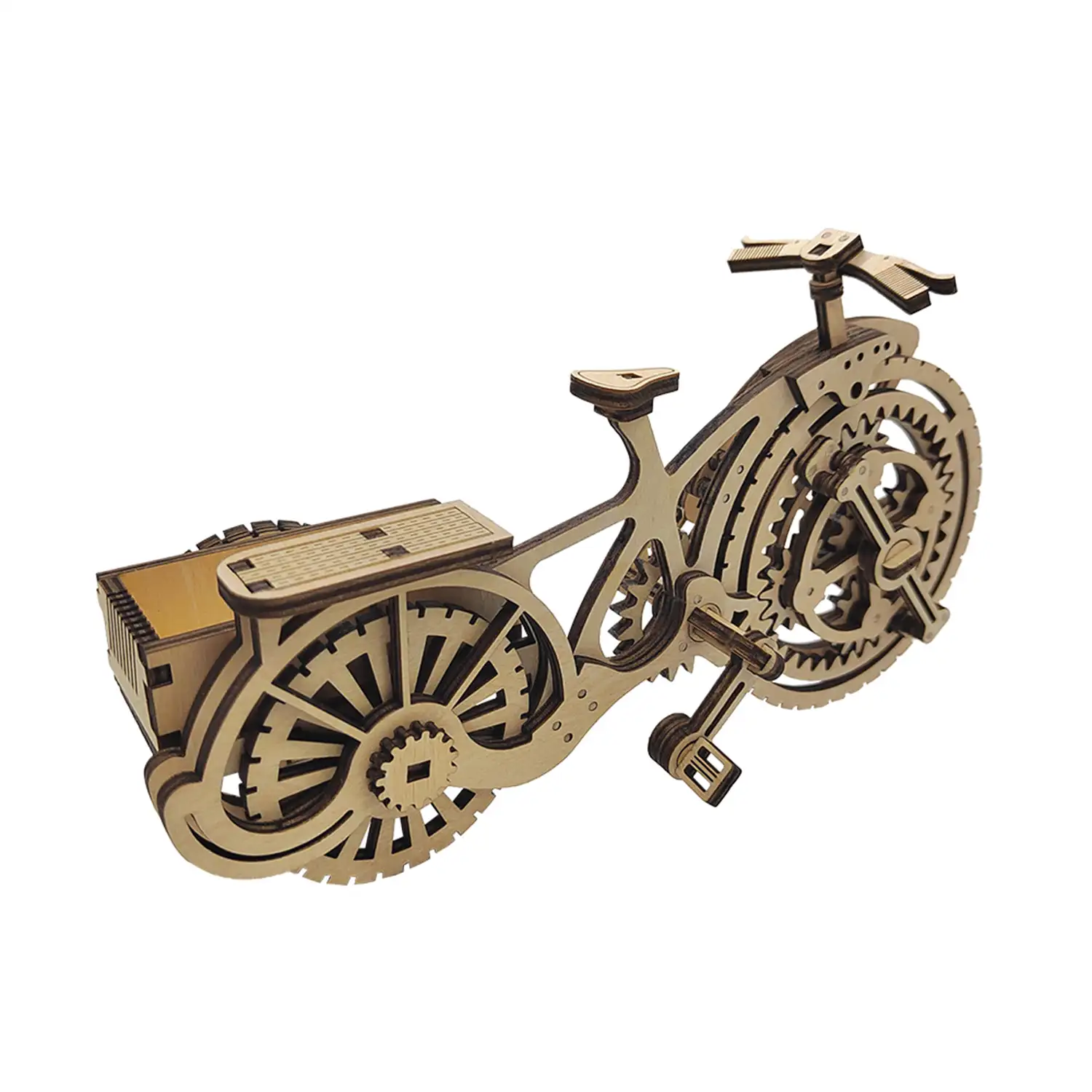 Maqueta de Madera 3D, con movimiento mecánico diseño de Tarjetero Triciclo. 72 piezas.