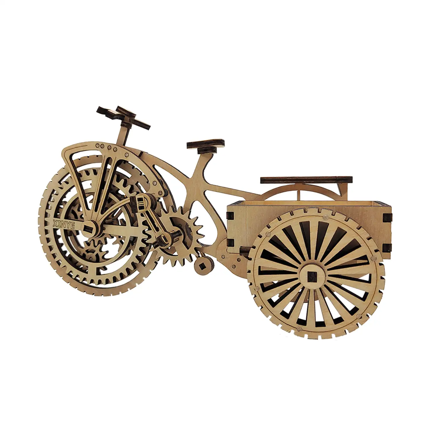 Maqueta de Madera 3D, con movimiento mecánico diseño de Tarjetero Triciclo. 72 piezas.