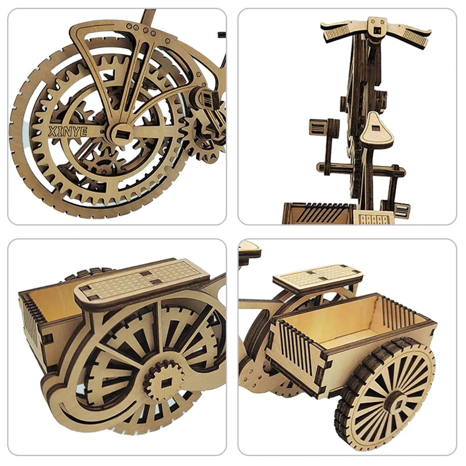 Maqueta de Madera 3D, con movimiento mecánico diseño de Tarjetero Triciclo. 72 piezas.