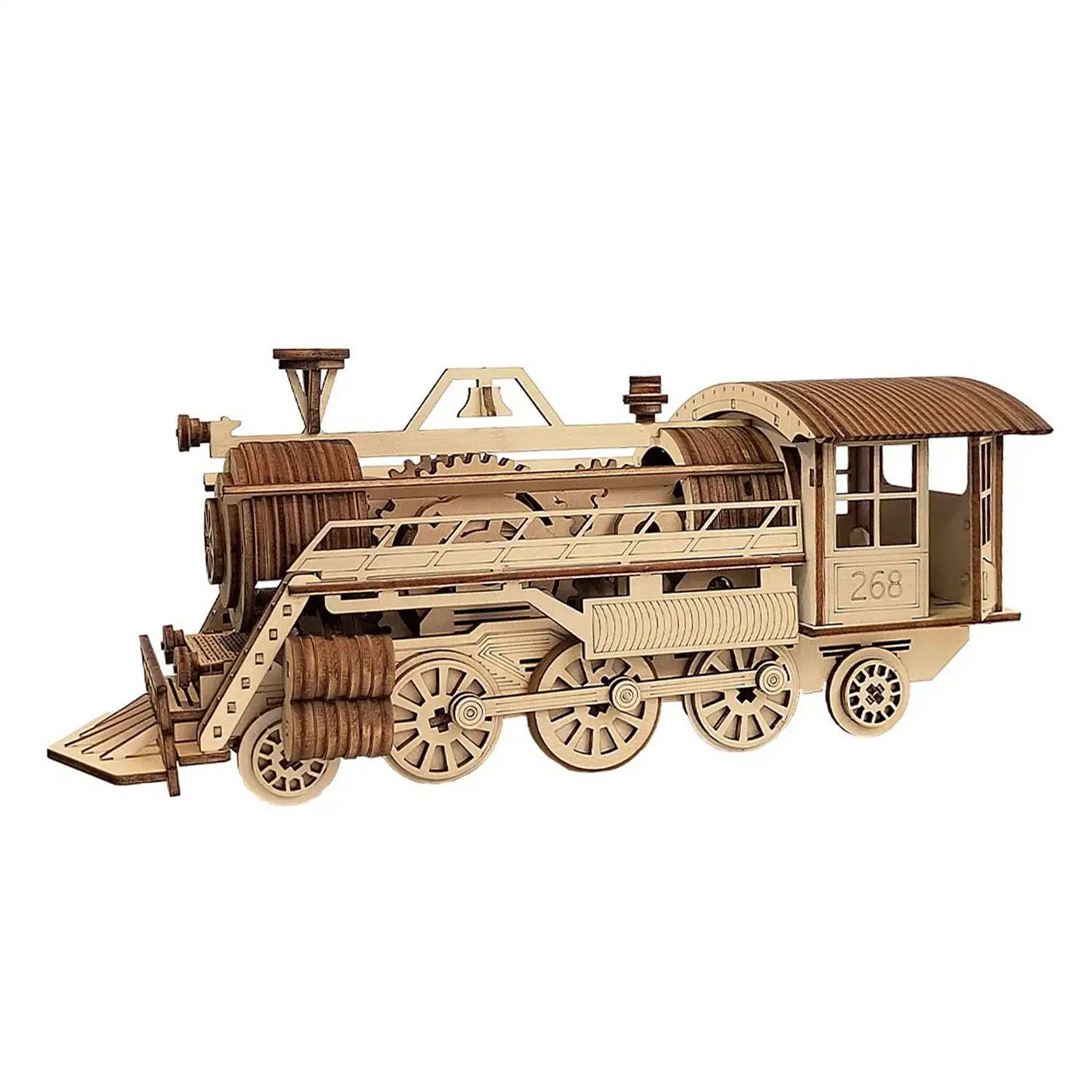 Maqueta de Madera 3D, con movimiento mecánico diseño de Tren de Vapor. 252 piezas.