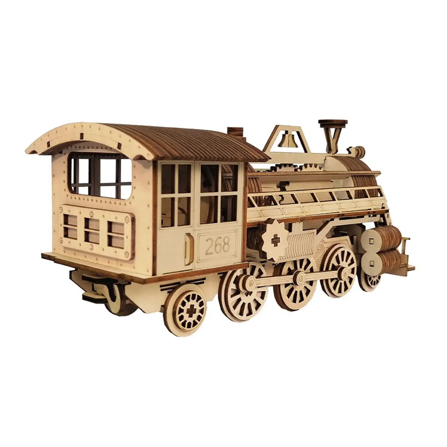 Maqueta de Madera 3D, con movimiento mecánico diseño de Tren de Vapor. 252 piezas.
