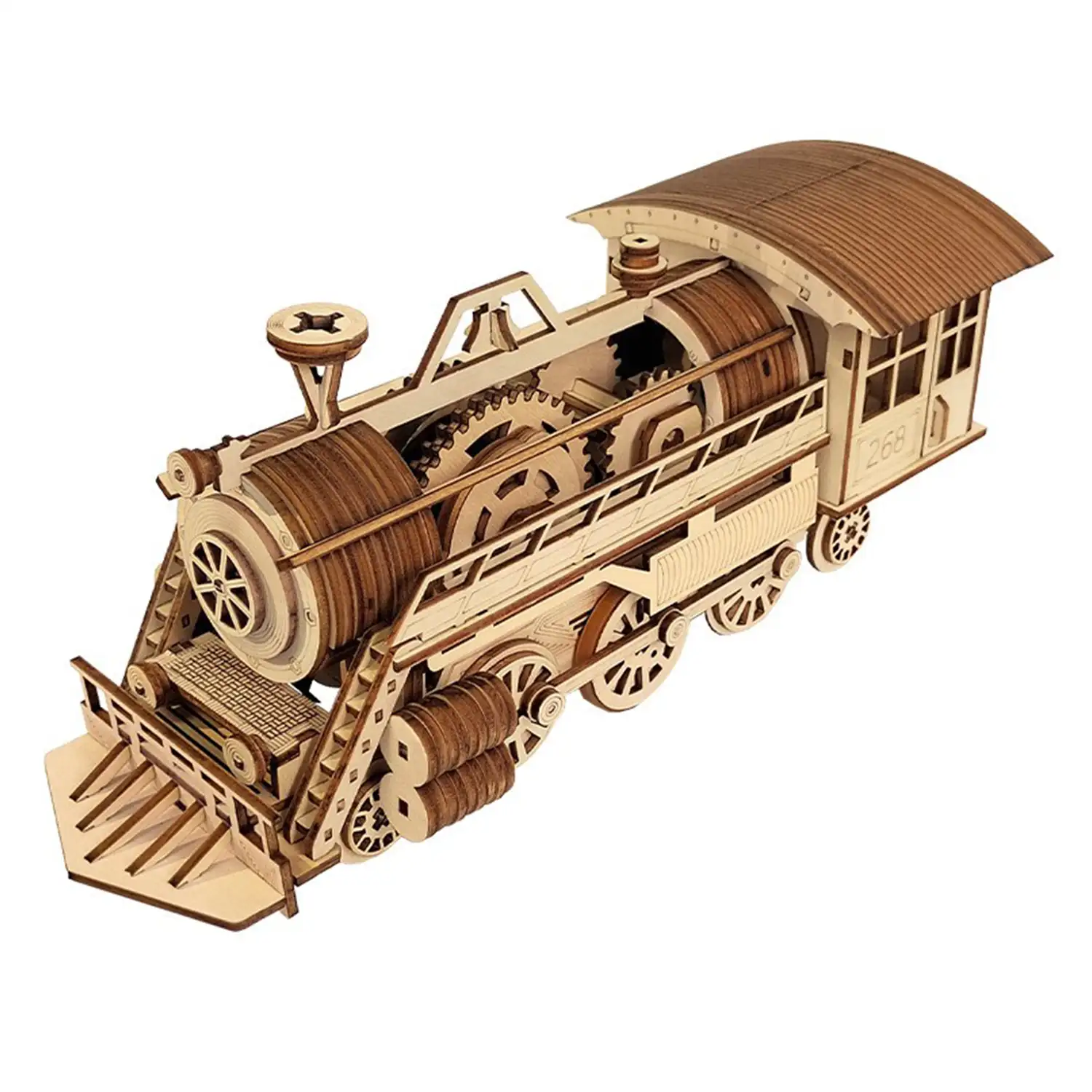 Maqueta de Madera 3D, con movimiento mecánico diseño de Tren de Vapor. 252 piezas.