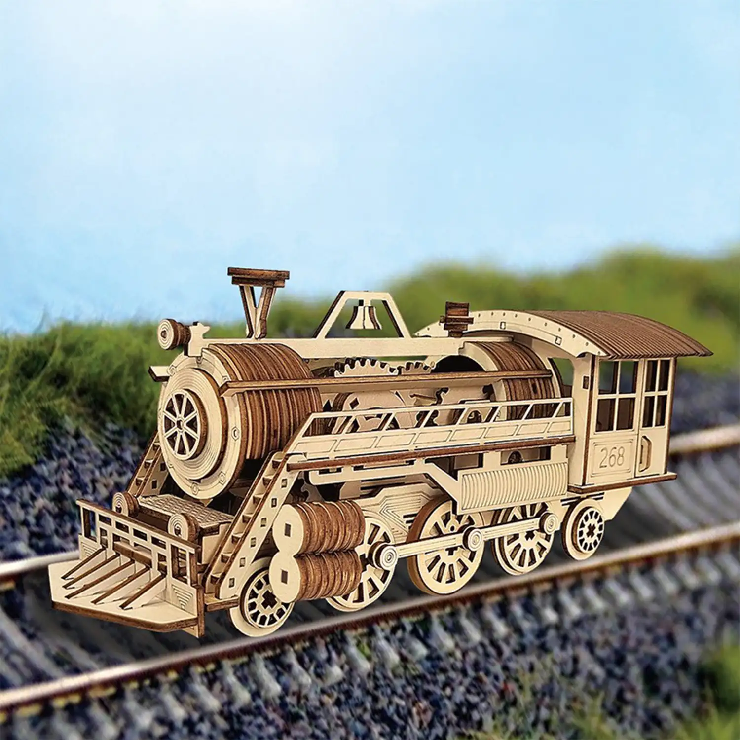 Maqueta de Madera 3D, con movimiento mecánico diseño de Tren de Vapor. 252 piezas.
