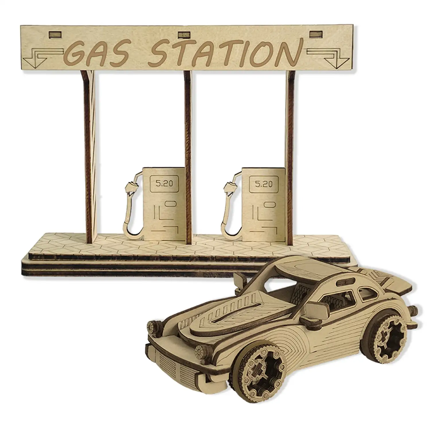 Maqueta de Madera 3D, con movimiento mecánico diseño de coche deportivo con gasolinera.