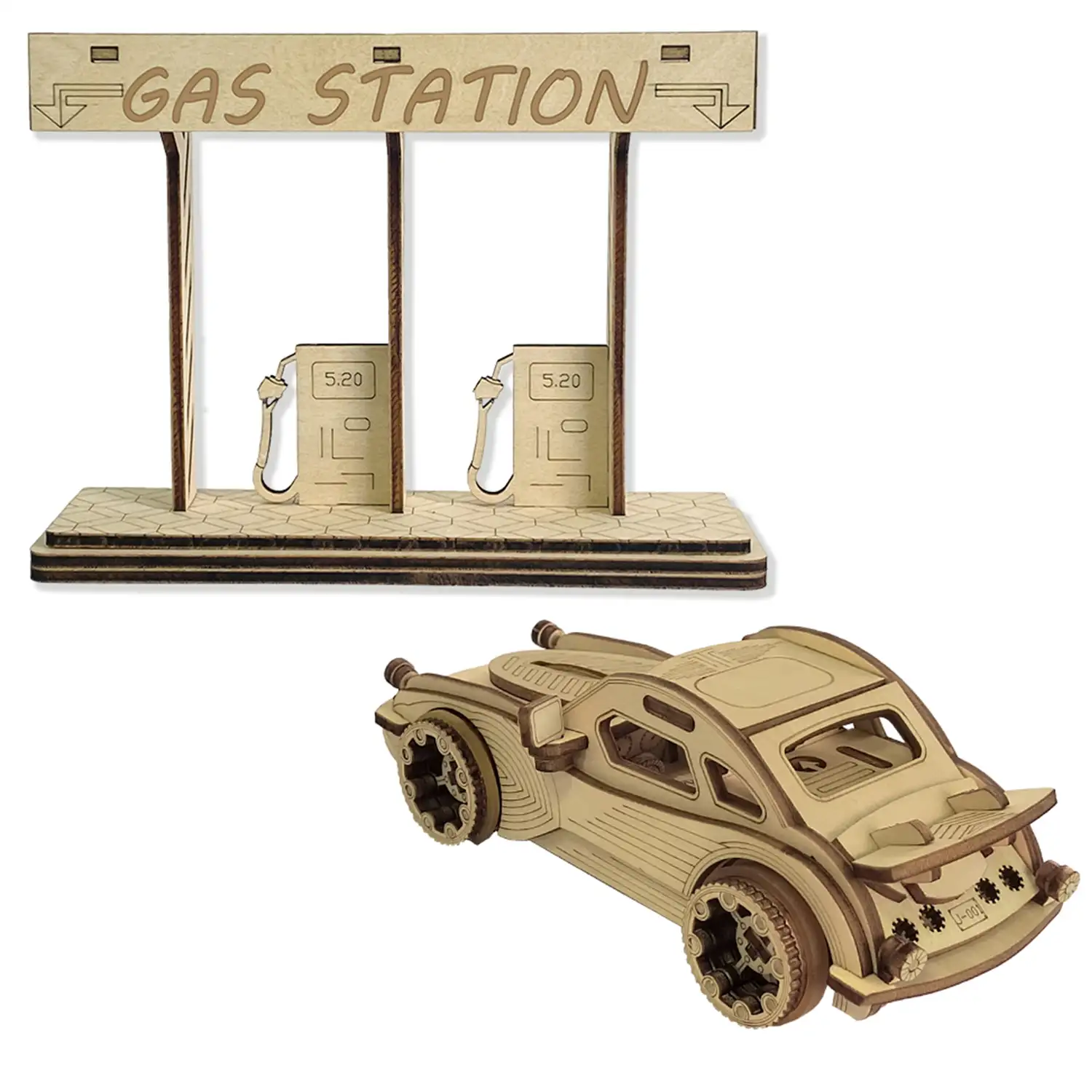 Maqueta de Madera 3D, con movimiento mecánico diseño de coche deportivo con gasolinera.