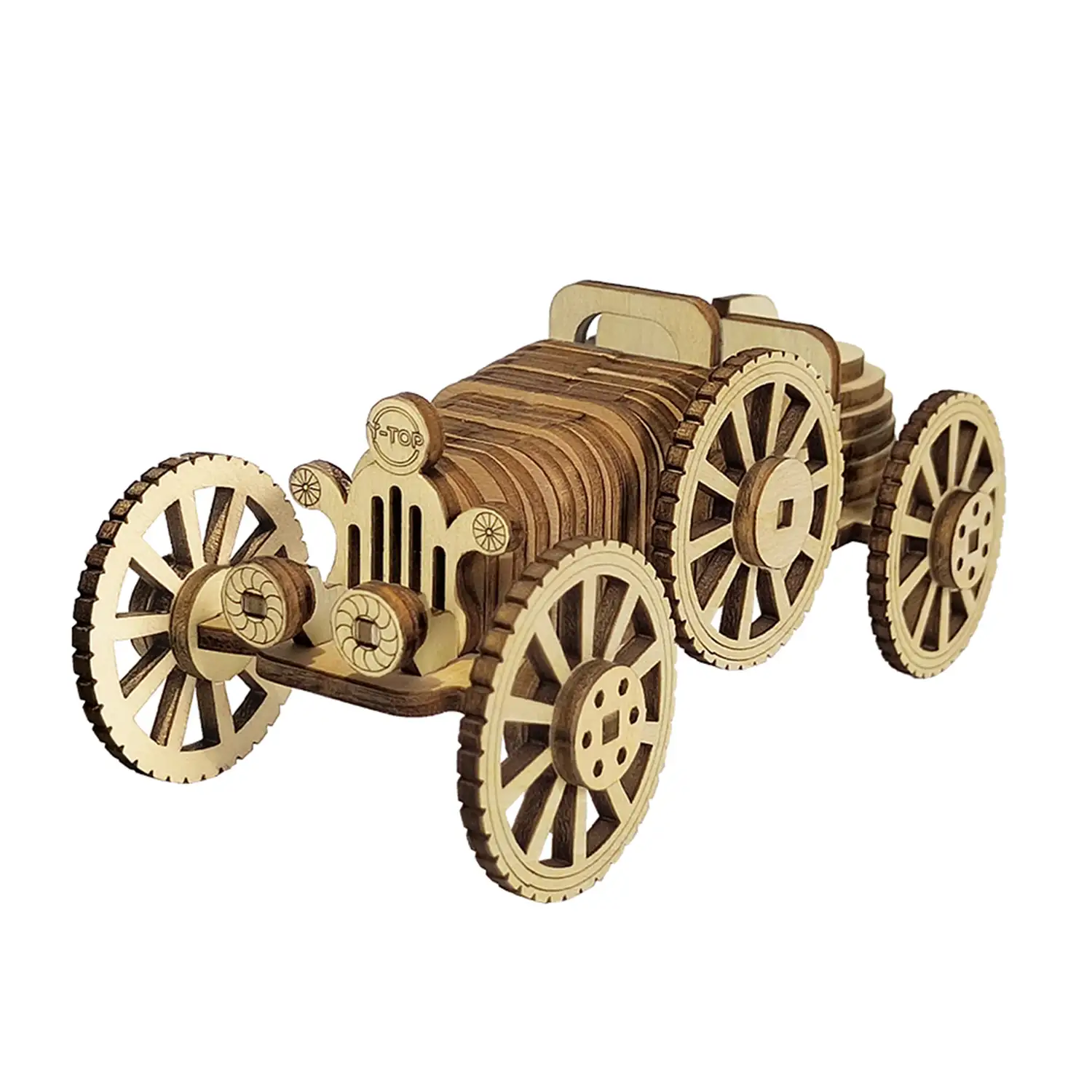 Maqueta de Madera 3D, con movimiento mecánico diseño de Coche retro. 54 piezas.
