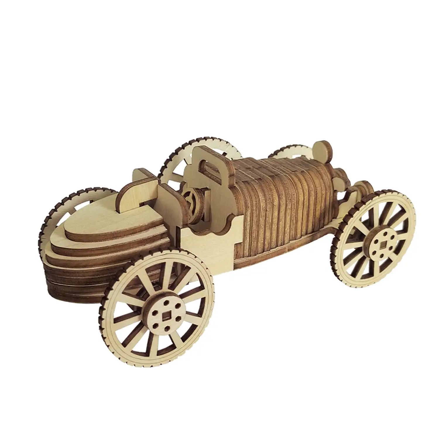 Maqueta de Madera 3D, con movimiento mecánico diseño de Coche retro. 54 piezas.