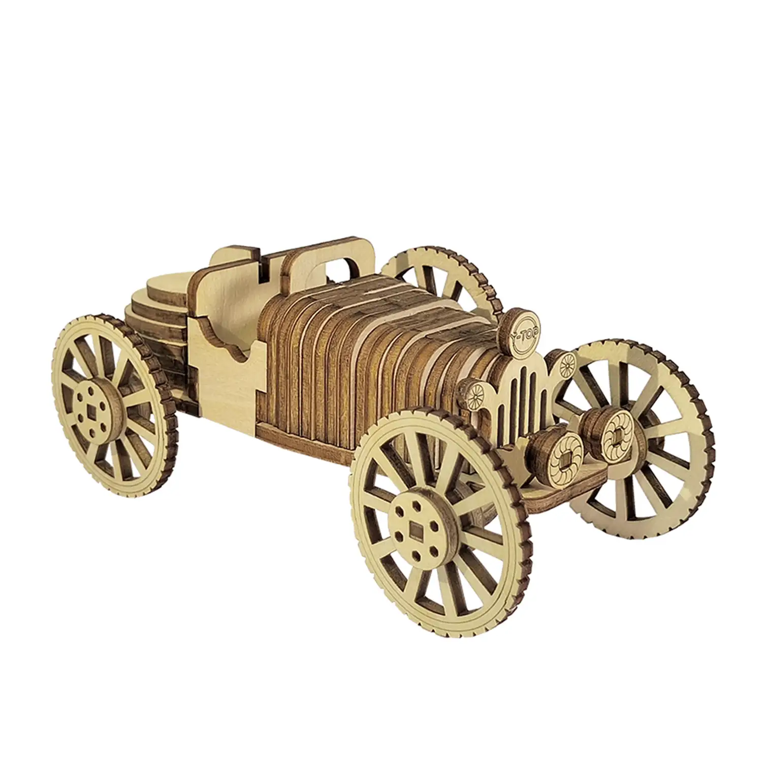 Maqueta de Madera 3D, con movimiento mecánico diseño de Coche retro. 54 piezas.