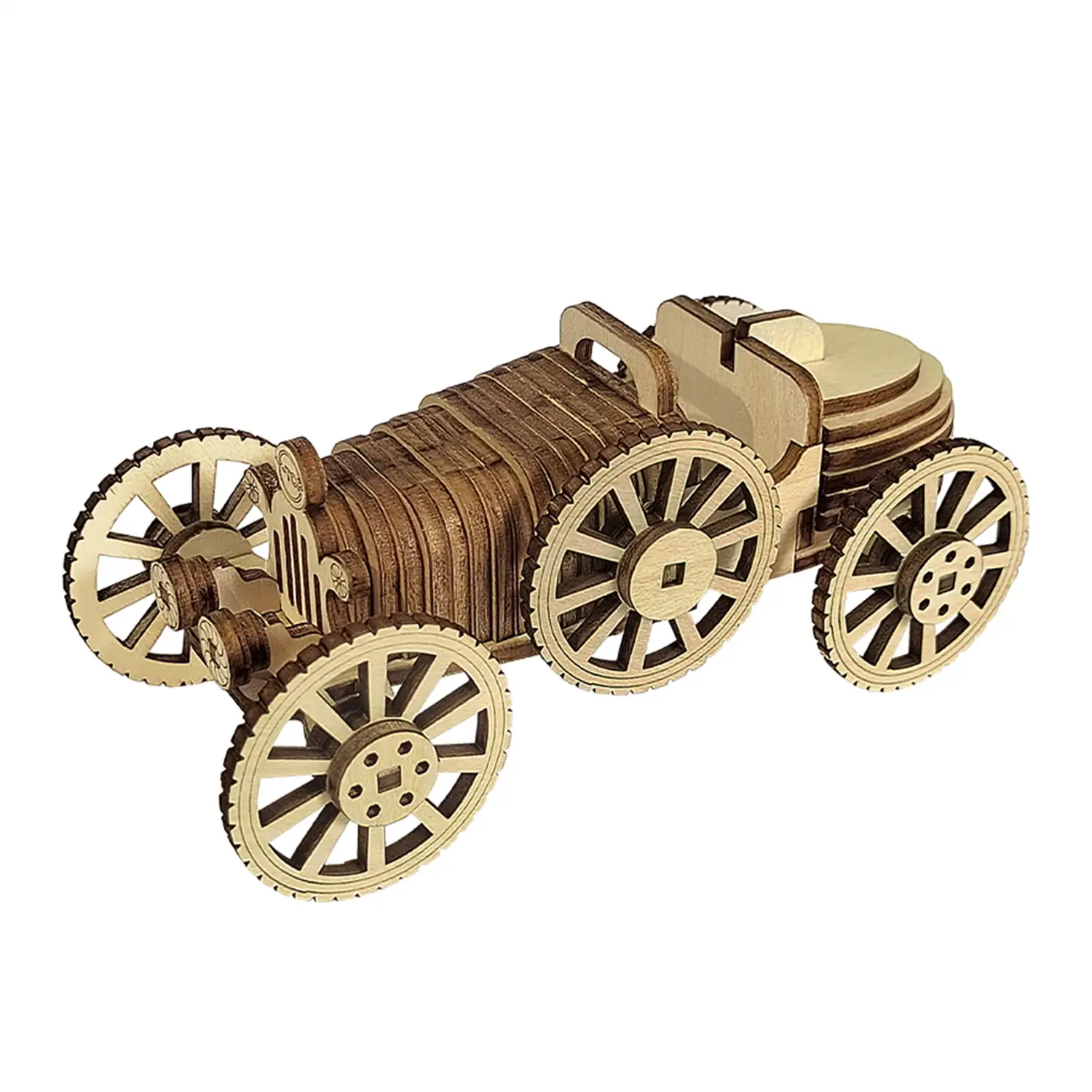 Maqueta de Madera 3D, con movimiento mecánico diseño de Coche retro. 54 piezas.