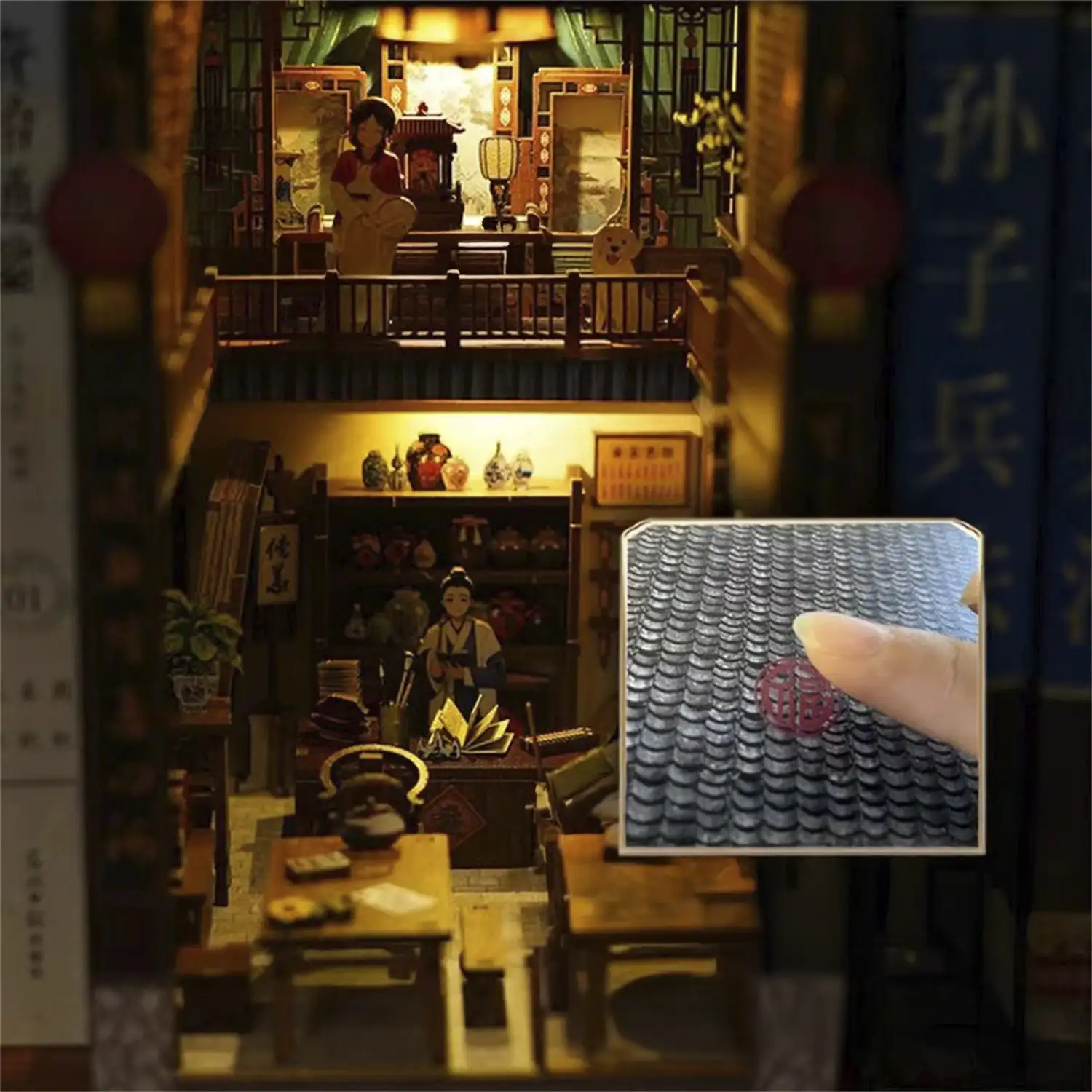 Un sueño de Jianghu. Book Nook de madera, diseño 3D realista con gran detalle, cubierta y luces led.