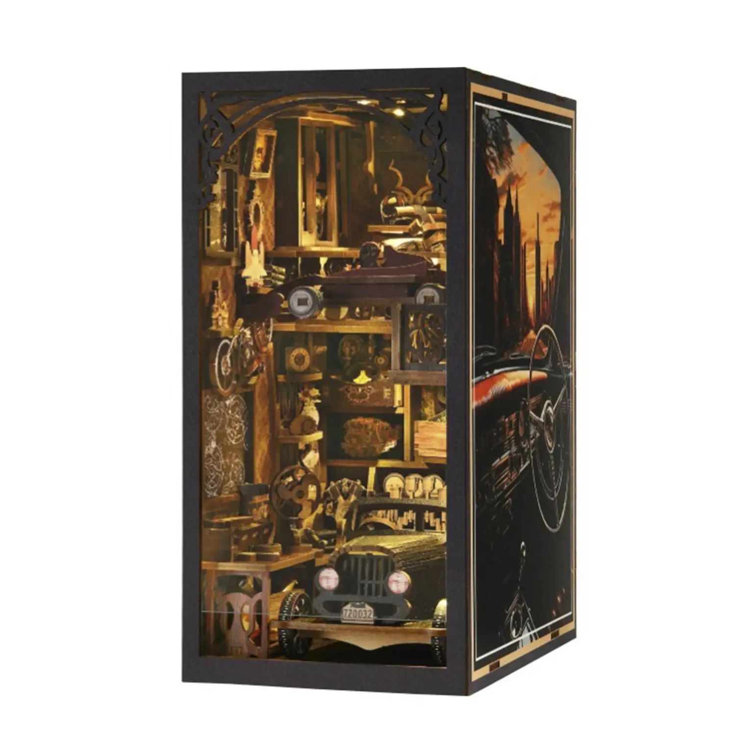 Coleccionistas de coches. Book Nook de madera, diseño 3D realista con gran detalle, cubierta y luces led. 455 piezas.