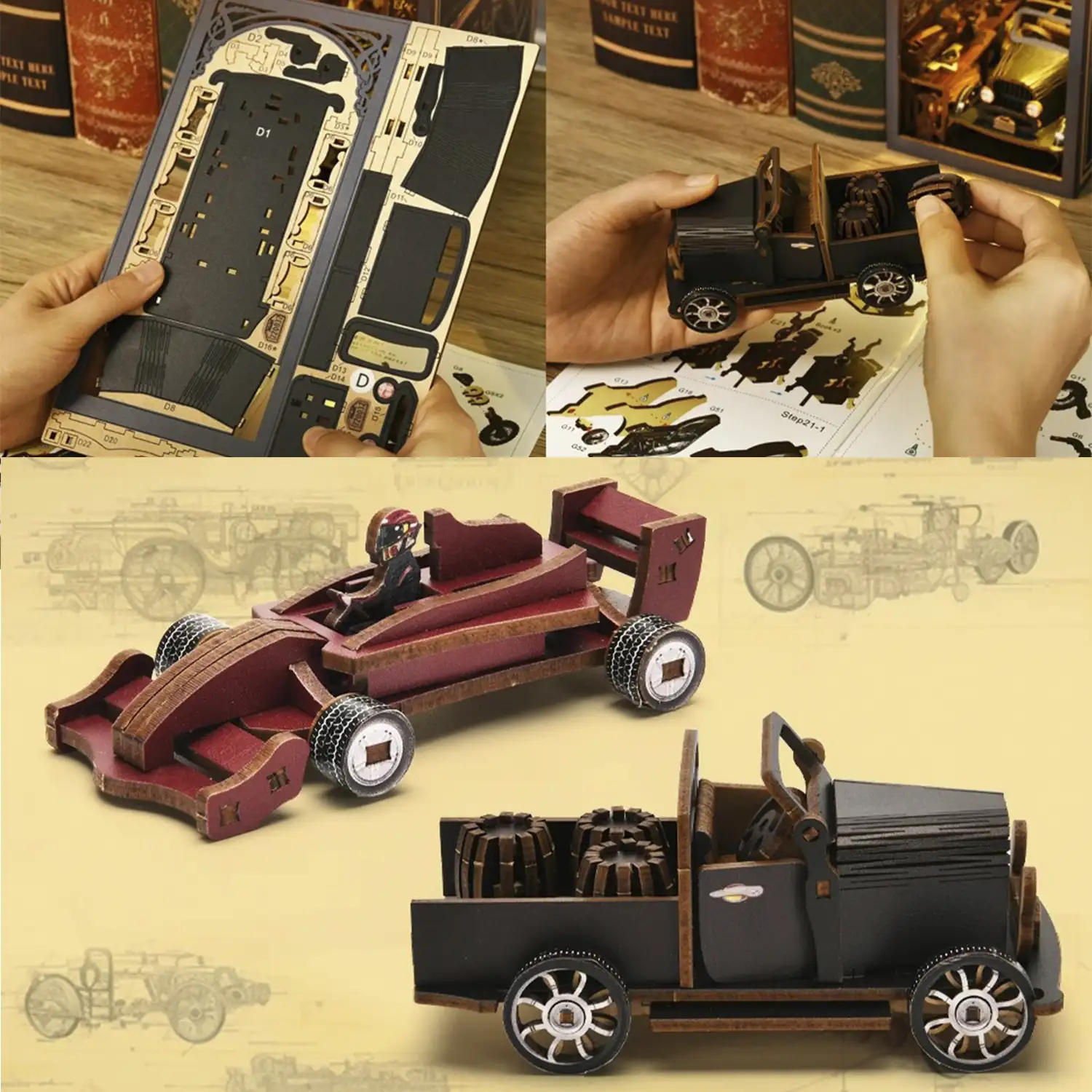 Coleccionistas de coches. Book Nook de madera, diseño 3D realista con gran detalle, cubierta y luces led. 455 piezas.