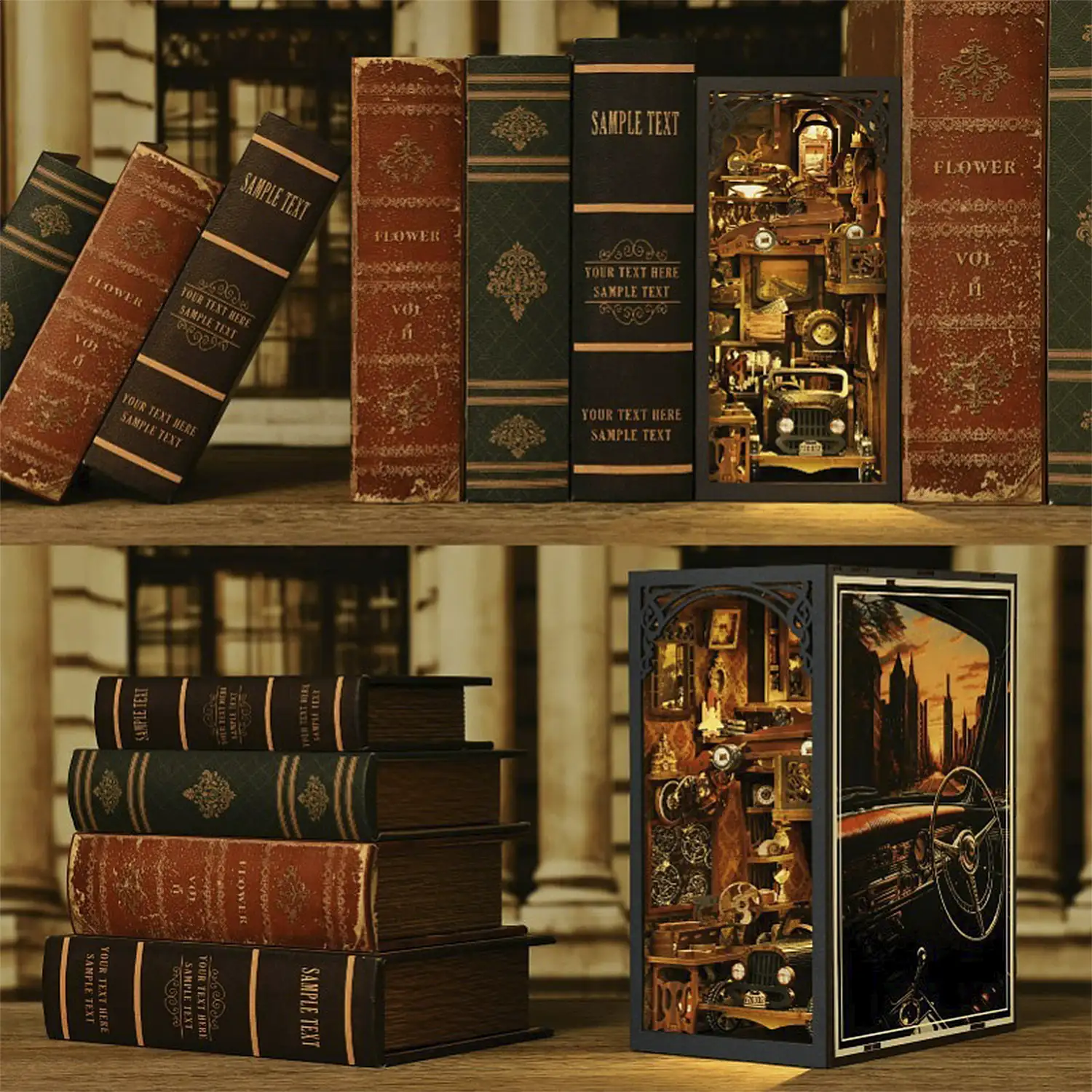Coleccionistas de coches. Book Nook de madera, diseño 3D realista con gran detalle, cubierta y luces led. 455 piezas.