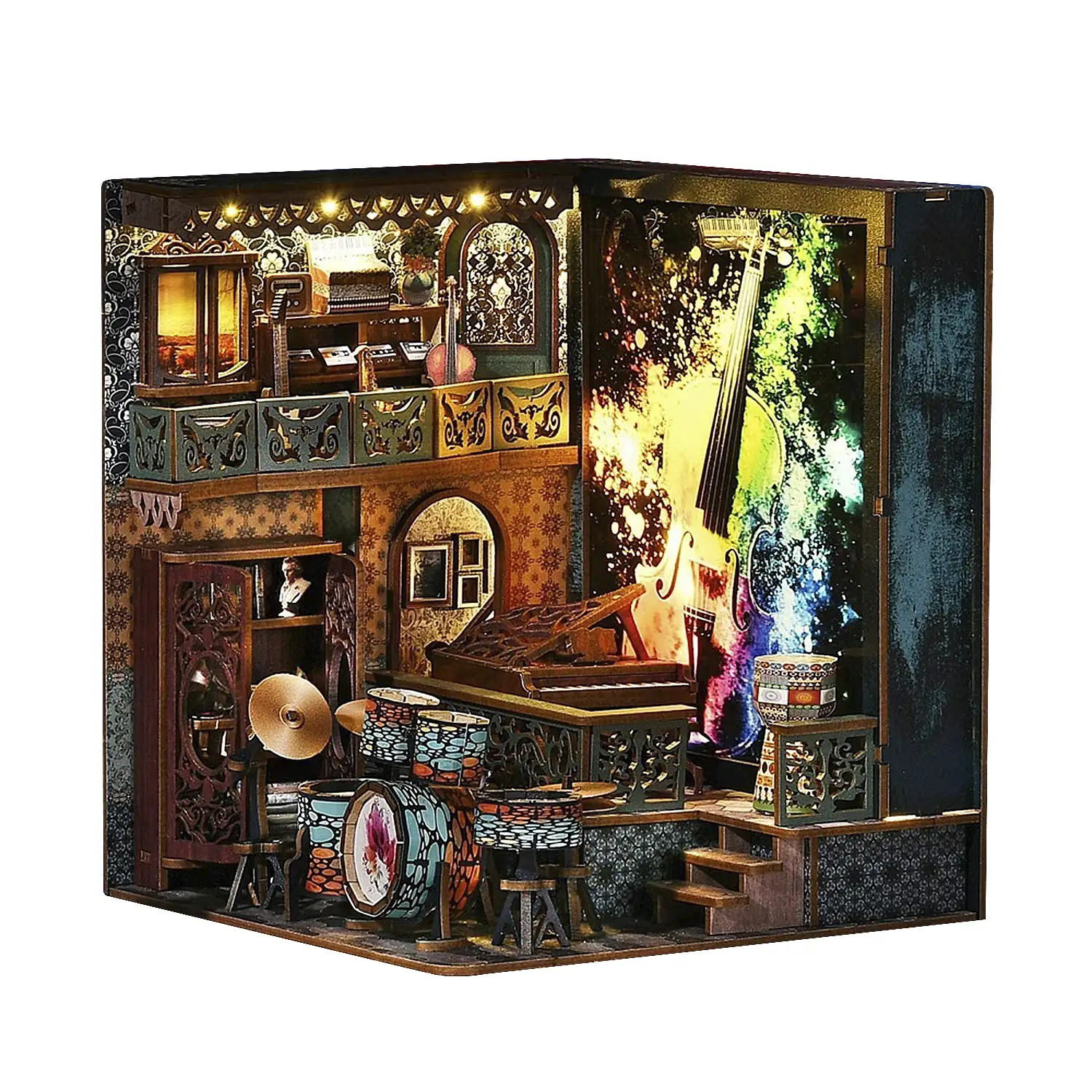 Explosión de notas. Book Nook de madera, diseño 3D realista, marco luminoso con fondo intercambiable.
