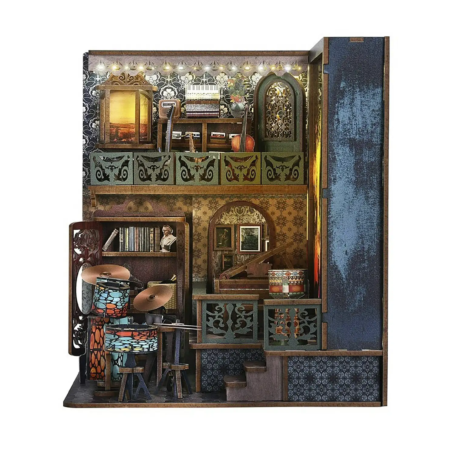 Explosión de notas. Book Nook de madera, diseño 3D realista, marco luminoso con fondo intercambiable.