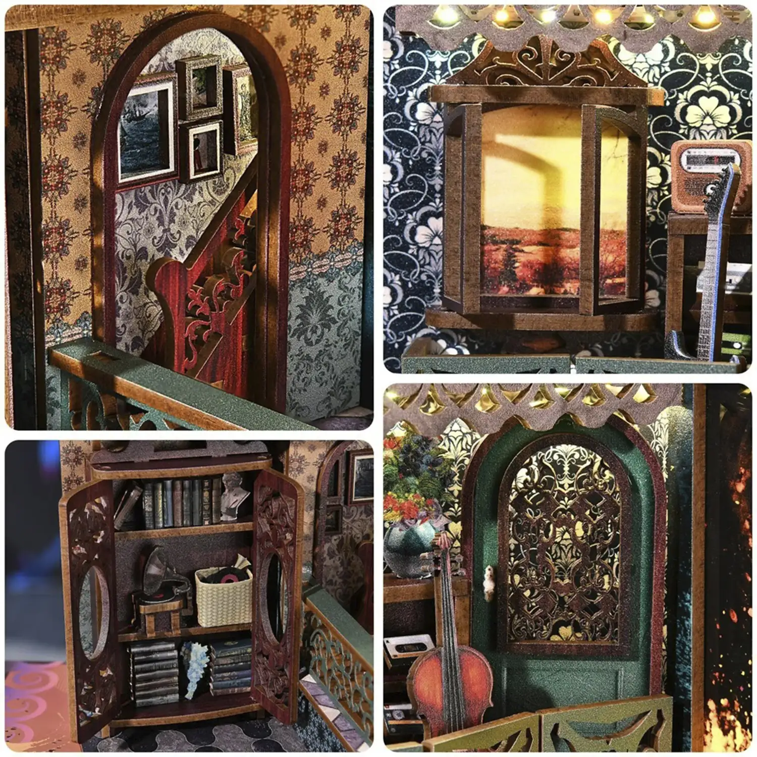 Explosión de notas. Book Nook de madera, diseño 3D realista, marco luminoso con fondo intercambiable.