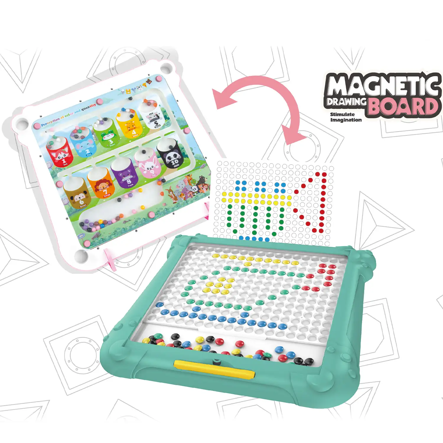 Pizarra Magnética 2 en 1. Diseño Cubos de aprendizaje. Con 20 formas diferentes.