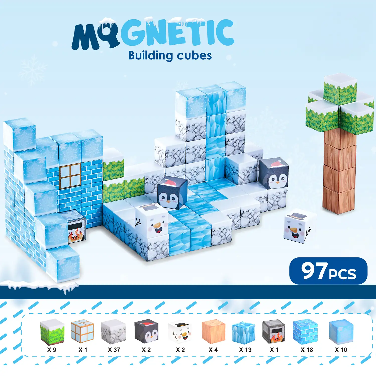Cubos Magnéticos de 2.5CM. Tema Hielo y Nieve. 97 piezas.