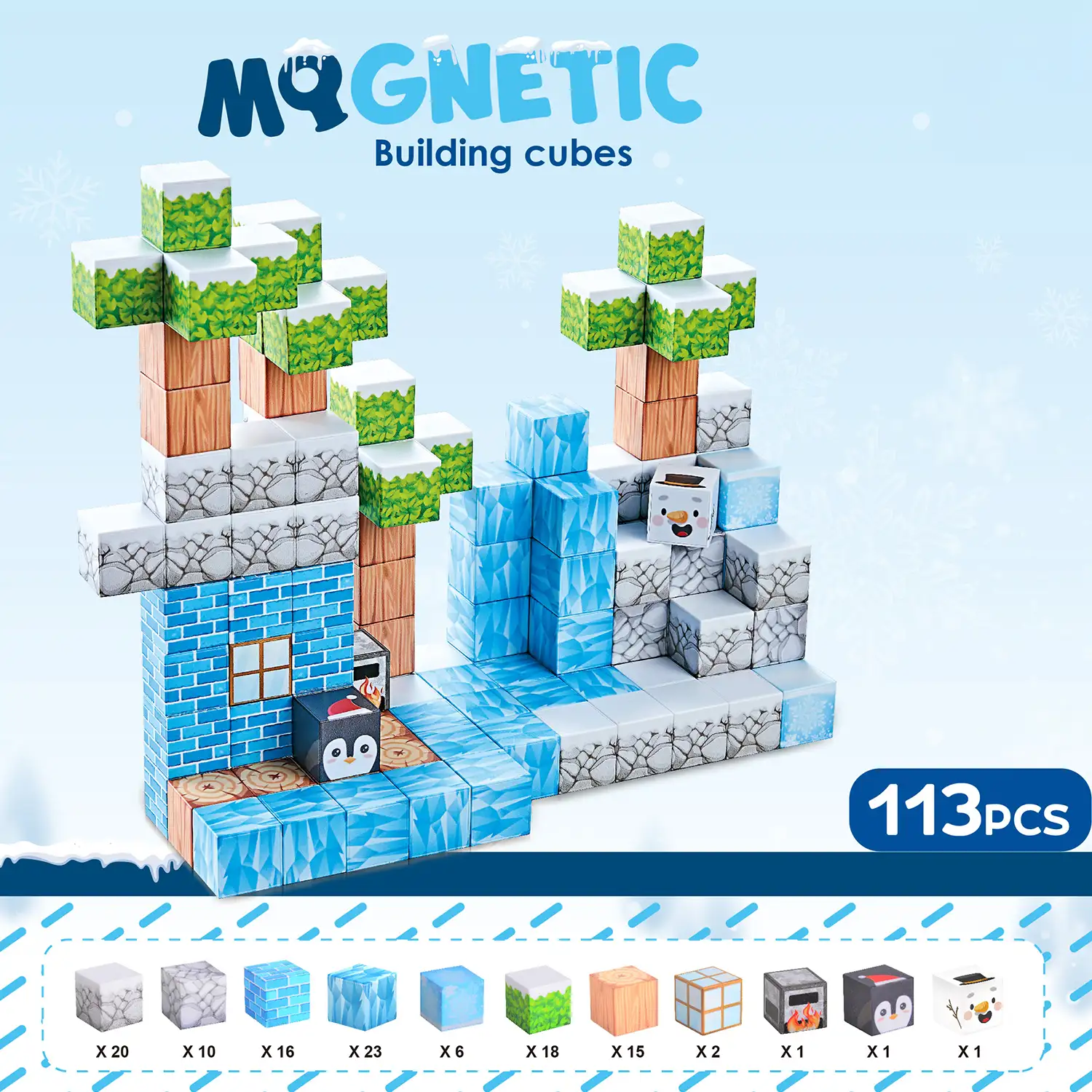 Cubos Magnéticos de 2CM. Tema Hielo y Nieve. 113 piezas.