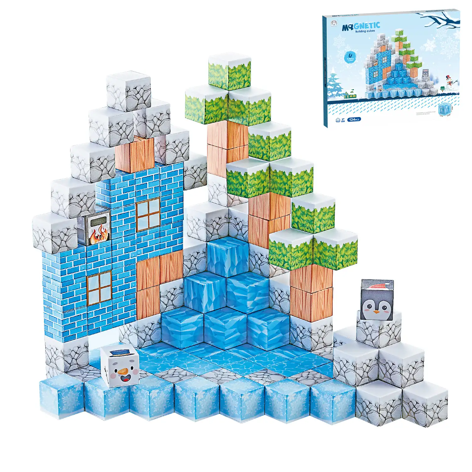 Cubos Magnéticos de 2CM. Tema Hielo y Nieve. 124 piezas.