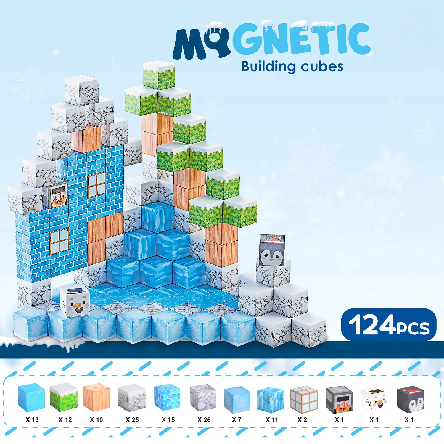 Cubos Magnéticos de 2CM. Tema Hielo y Nieve. 124 piezas.