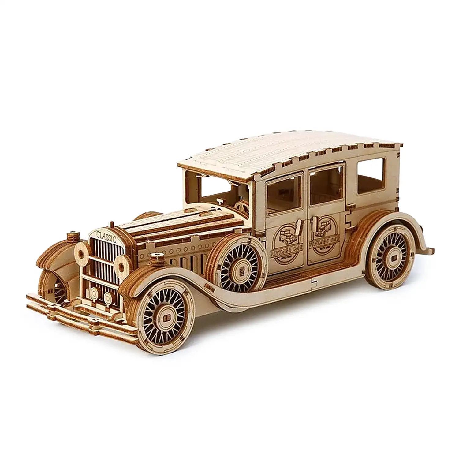 Maqueta de Madera 3D, diseño de Coche antiguo con movimiento mecánico. 187 piezas.