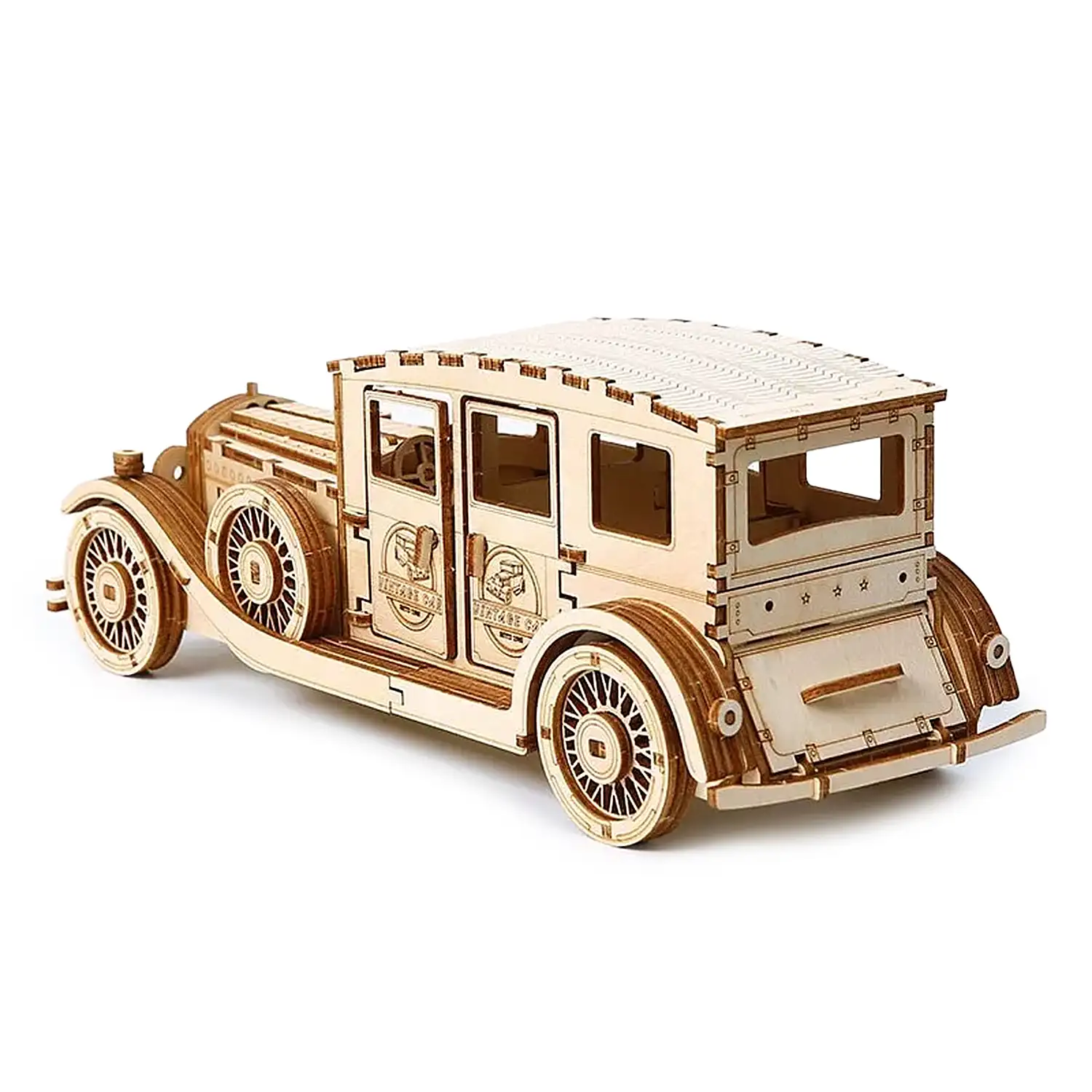 Maqueta de Madera 3D, diseño de Coche antiguo con movimiento mecánico. 187 piezas.
