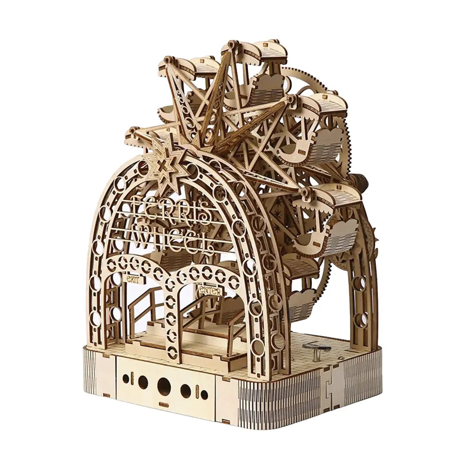 Maqueta de Madera 3D, diseño de Noria Manual con movimiento mecánico. 222 piezas.