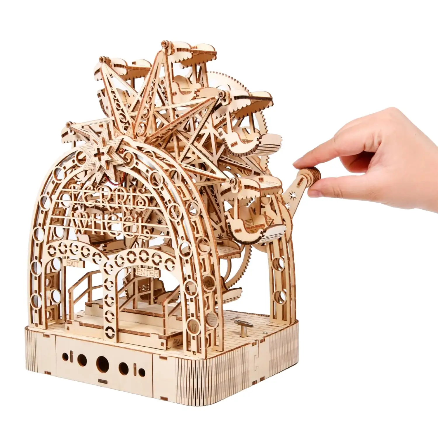 Maqueta de Madera 3D, diseño de Noria Manual con movimiento mecánico. 222 piezas.