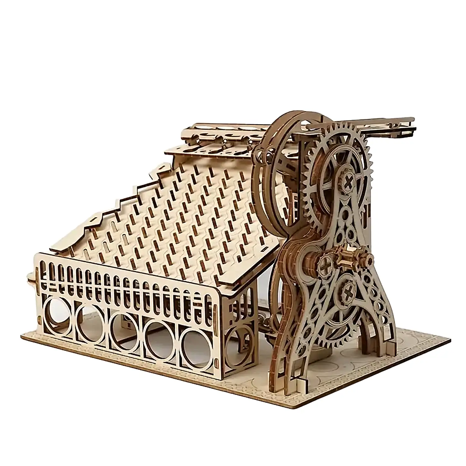 Maqueta de Madera 3D, diseño de Carrera de canicas con movimiento mecánico. 304 piezas.