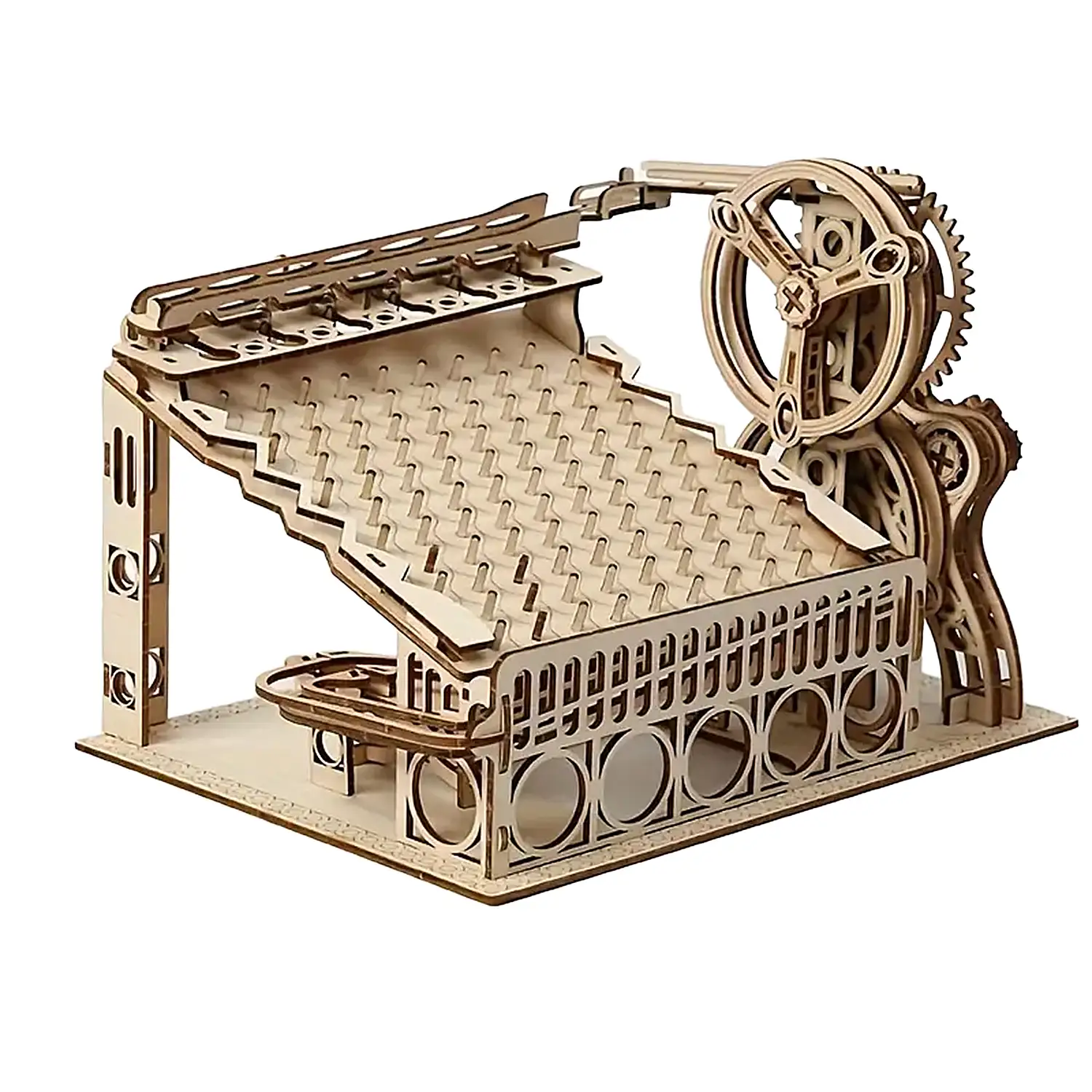 Maqueta de Madera 3D, diseño de Carrera de canicas con movimiento mecánico. 304 piezas.