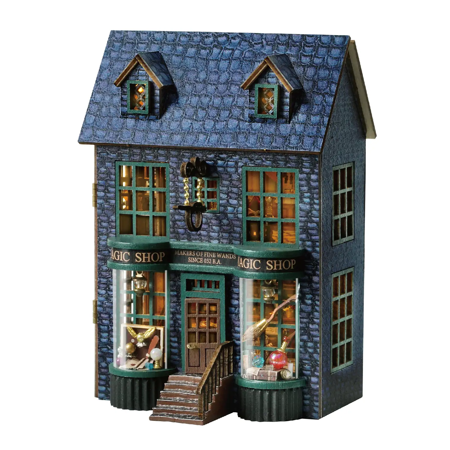 Tienda de magia. Maqueta 3D con diseño de panel de puerta abierta, realista con gran detalle y luces led.