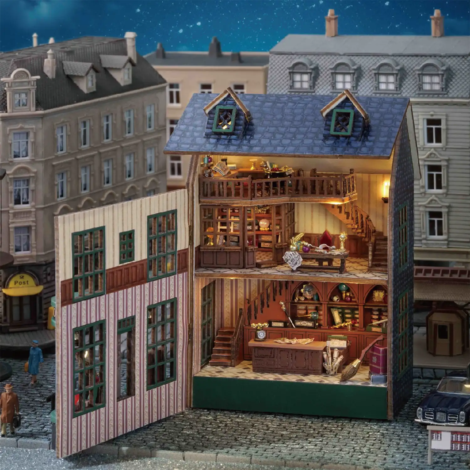 Tienda de magia. Maqueta 3D con diseño de panel de puerta abierta, realista con gran detalle y luces led.