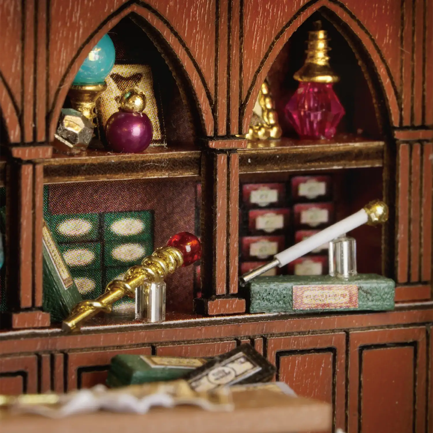 Tienda de magia. Maqueta 3D con diseño de panel de puerta abierta, realista con gran detalle y luces led.