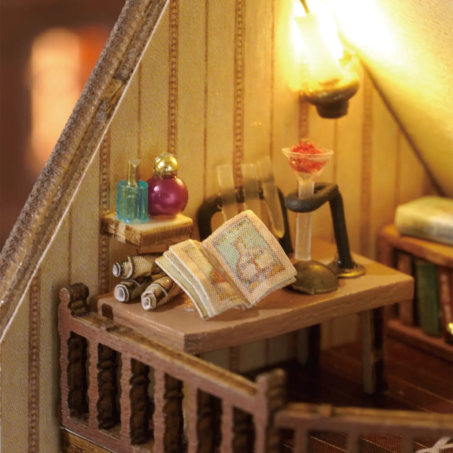 Tienda de magia. Maqueta 3D con diseño de panel de puerta abierta, realista con gran detalle y luces led.