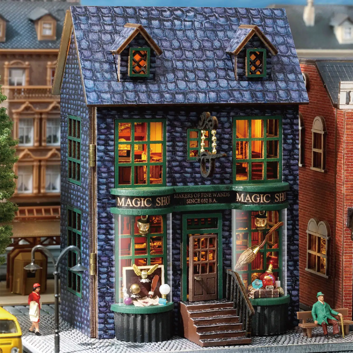 Tienda de magia. Maqueta 3D con diseño de panel de puerta abierta, realista con gran detalle y luces led.