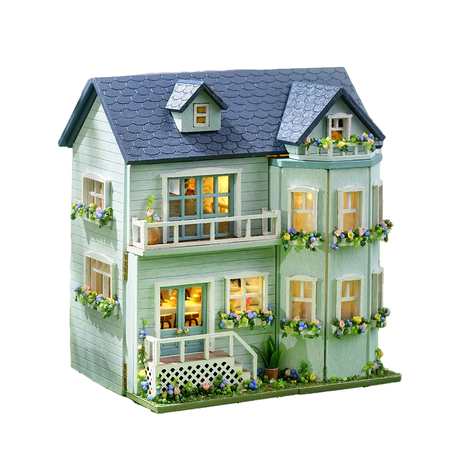 Mansión acogedora. Maqueta 3D con diseño de panel de puerta abierta, realista con gran detalle y luces led.