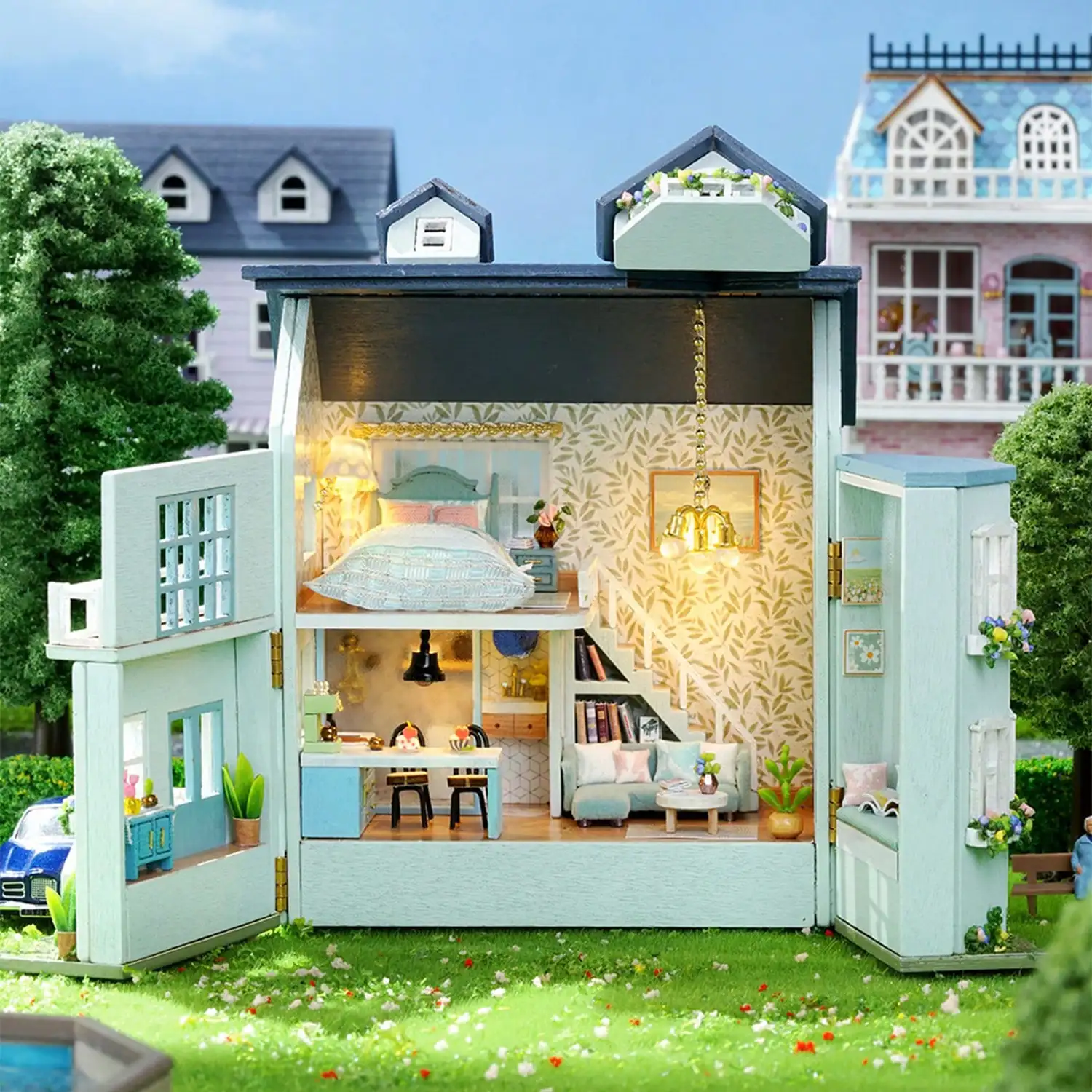 Mansión acogedora. Maqueta 3D con diseño de panel de puerta abierta, realista con gran detalle y luces led.