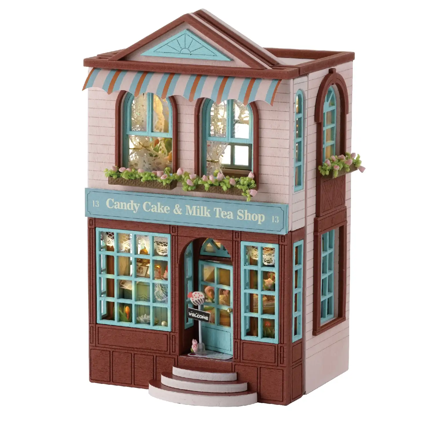 Tienda de postres Estrella Completa. Maqueta 3D con diseño de panel de puerta abierta, realista con gran detalle y luces led.