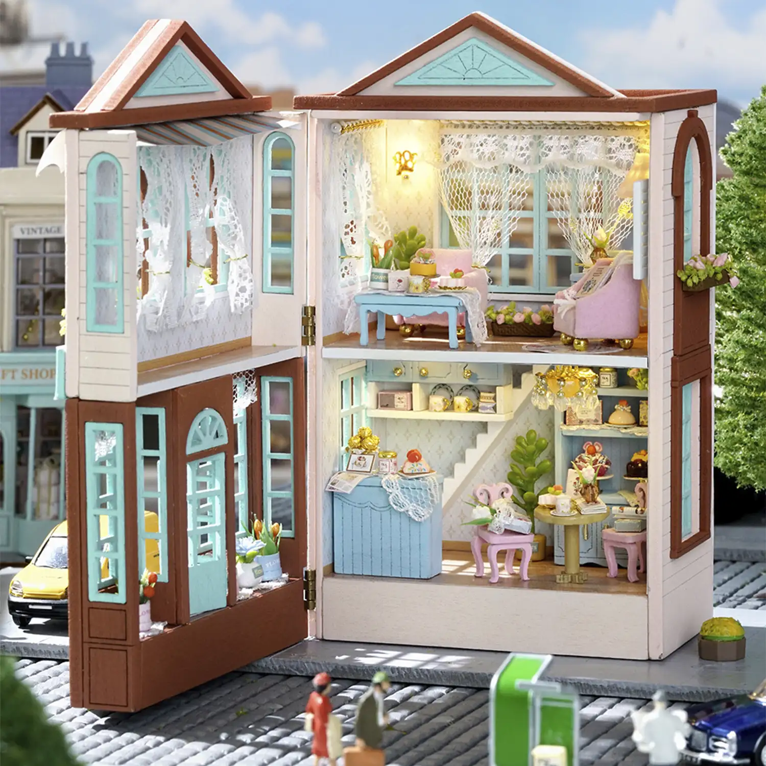 Tienda de postres Estrella Completa. Maqueta 3D con diseño de panel de puerta abierta, realista con gran detalle y luces led.