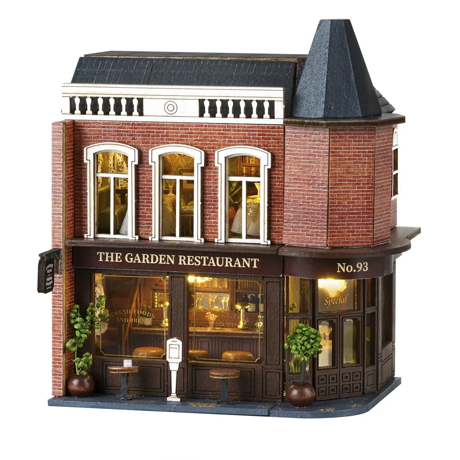 Restaurante Garden. Maqueta 3D con diseño de panel de puerta abierta, realista con gran detalle y luces led.