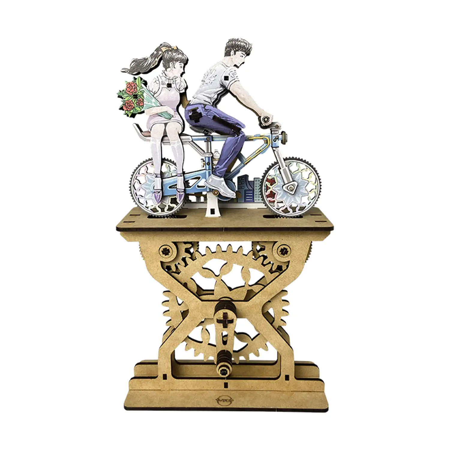 Maqueta de Madera 3D, con movimiento mecánico diseño de Amantes de la bicicleta en color - Pareja. 109 piezas.